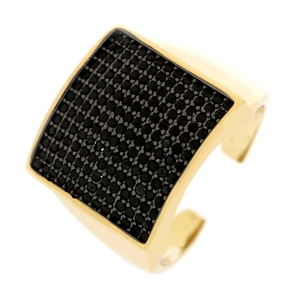 Macro shot of 18K gold plated square ring featuring micro-paved black stones and open band
