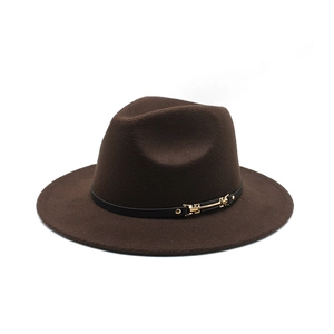 Classic dark brown wide brim wool fedora hat with black leather band and gold buckle