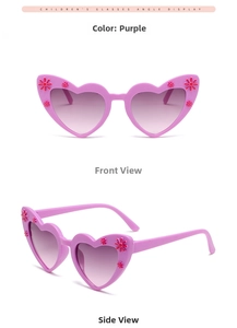 Detail of purple heart children sunglasses featuring 3D floral accents on plastic frames