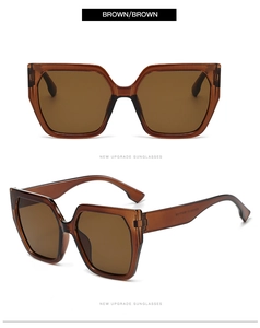 Close-up of brown oversized square sunglasses featuring translucent frames and matching lenses