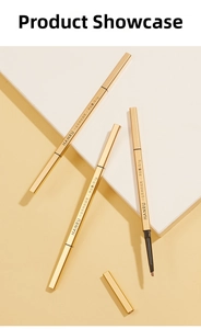 Close-up of dual-ended waterproof eyebrow pencil with slim gold hexagonal body design