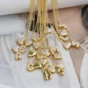 Gold balloon heart letter pendant necklaces with micro-pave cubic zirconia crystals
