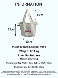 Detailed size chart for large nylon tote bag with red Beach print and internal pocket