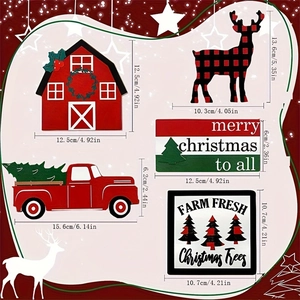 Detailed view of rustic wooden Christmas tray signs featuring red truck and reindeer