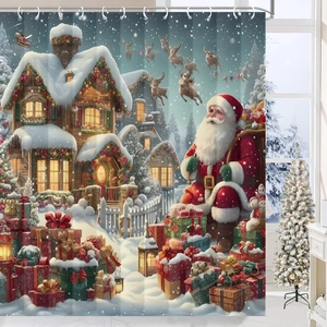 Detail of Christmas shower curtain with Santa, reindeer and snowy cabin scene illustration
