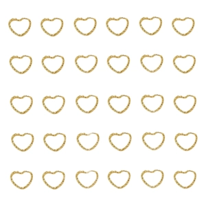 Set of 30 golden heart shaped metal jewelry connectors with hammered texture on white base