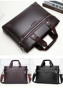 Detail view of lychee grain leather business briefcase with dual-color options and logo