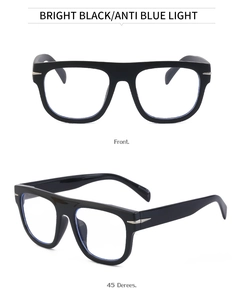 Detail view showing bright black square frames with silver metal hinges and anti-blue light lens