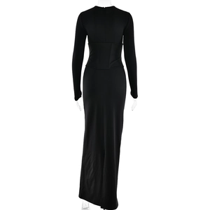 Back view of black long-sleeve maxi dress showing slim fit waist and high-elastic fabric