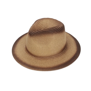 Detail of hand-woven paper straw hat with brown gradient finish and classic fedora crown