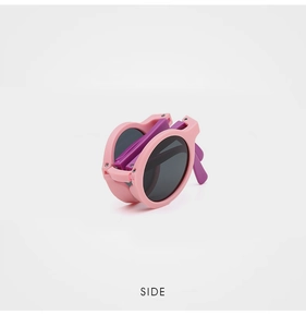 Compact folded view of pink and purple round children's foldable sunglasses