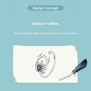 Artistic sketch of a vintage S925 silver scorpion ring with a purple zircon stone