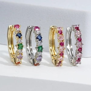 Hoop earrings set with square blue and pink zircons in gold and silver plating