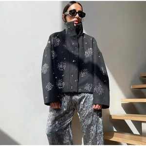 Women's black oversized embroidered wool jacket with snowflake sequins and stand collar
