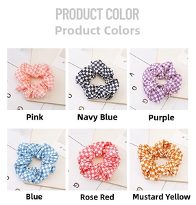 Detailed grid view of six colorful checkerboard scrunchies in various vibrant hues