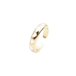 Adjustable golden open ring with white enamel heart patterns and zircon accents