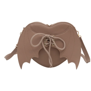 Gothic heart-shaped crossbody bag with bat wing design and decorative lacing in brown PU