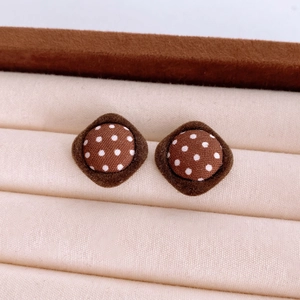 Elegant brown polka dot fabric stud earrings with flocked trim for women's vintage style