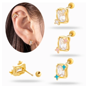 Stainless Steel Stud Earrings With Rectangular Zircon And Star Enamel Detail For Women Girls Niche Cartilage Piercing Jewelry