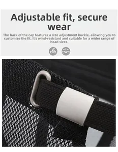 Close-up of adjustable metal buckle and breathable mesh on black baseball cap