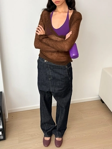 Detailed knit texture of brown U-neck layered top with purple halter yoga sports vest