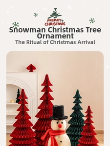 Red and green honeycomb paper Christmas trees and snowman scene decorations