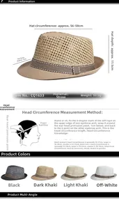 Detailed chart showing breathable straw fedora hat dimensions and four color options