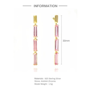 Detailed spec sheet for 30mm sterling silver drop earrings with pink zirconia stones