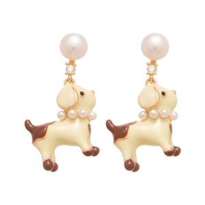 Cute puppy drop earrings with white pearls and enamel dog pendant in luxury gold finish