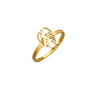 Elegant gold stainless steel open ring with Monstera leaf hollow pattern design