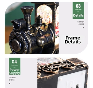 Detail view of vintage bronze train Christmas ornament with battery compartment and carving