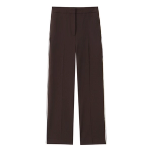 Women's dark burgundy straight trousers with elegant side stripes and flat waist design
