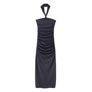 Robe midi élégante gris anthracite avec licou et design froncé coupe ajustée