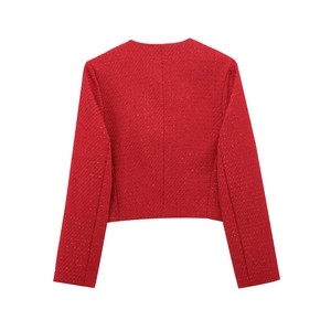 Back view of red cropped tweed jacket with single-breasted design and round neckline