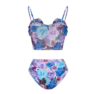 Détail du bas de bikini taille haute à fleurs avec bretelles réglables et fleurs en 3D