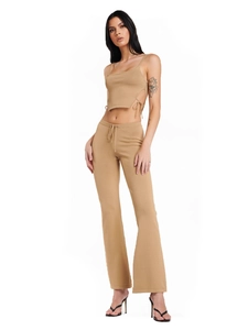 Women's rib-knit two-piece set featuring camel crop camisole and flared high-waist pants