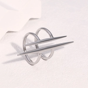 Polished silver stainless steel double ring with creative double horizontal spike design
