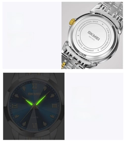 Macro details of SKMEI quartz watch showing stainless steel back and luminous watch dial