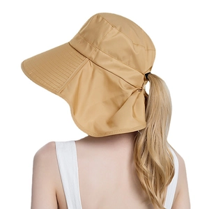 Women's wide brim khaki sun hat with ponytail hole for outdoor UV protection