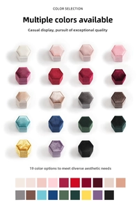 Macro view of velvet hexagonal jewelry boxes available in nineteen vibrant colors