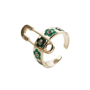 Bague épingle à nourrice plaquée or avec marguerites vertes et accents de zircon