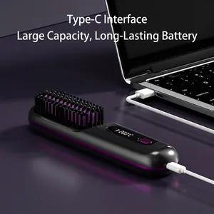 Cordless hair straightener brush with LED display and Type-C charging port