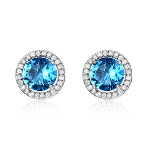 Boucles d'oreilles halo avec zircon bleu coupe ronde et finition plaquée argent