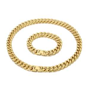Chunky gold Cuban link chain necklace and bracelet set with secure folding clasps