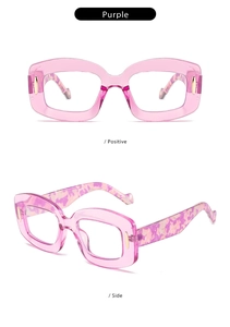 Detail view of purple transparent square frames and patterned temples in two angles