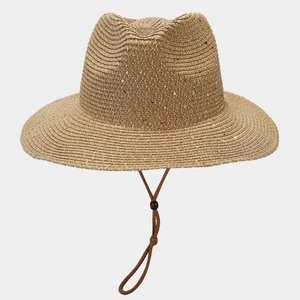 Detail of woven Panama straw hat with gold sequins and adjustable brown wind lanyard