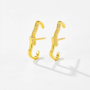 S925 sterling silver gold curved hook earrings with micro-inlaid clear zircon stones