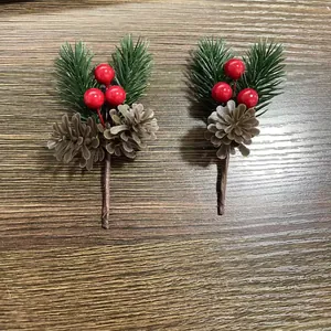 Artificial Christmas pine needles picks with red berries and cones for DIY decor