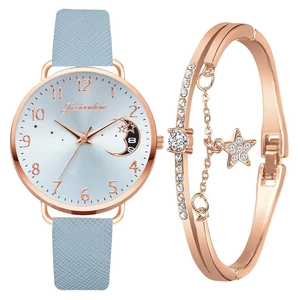 Women's rose gold quartz watch with moon dial and matching rhinestone bracelet set