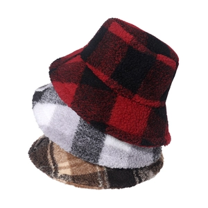 Three warm plaid faux shearling bucket hats for women in various stylish colors